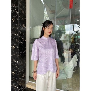 Thời trang nữ truyền thống cổ tàu vải gấm (không quần), áo lam đi chùa