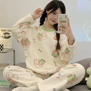 Bộ đồ ngủ lông cừu san hô mùa đông nữ cộng với nhung dày ấm áp flannel lưới người nổi tiếng phong cách 2025 quần áo gia đình mới