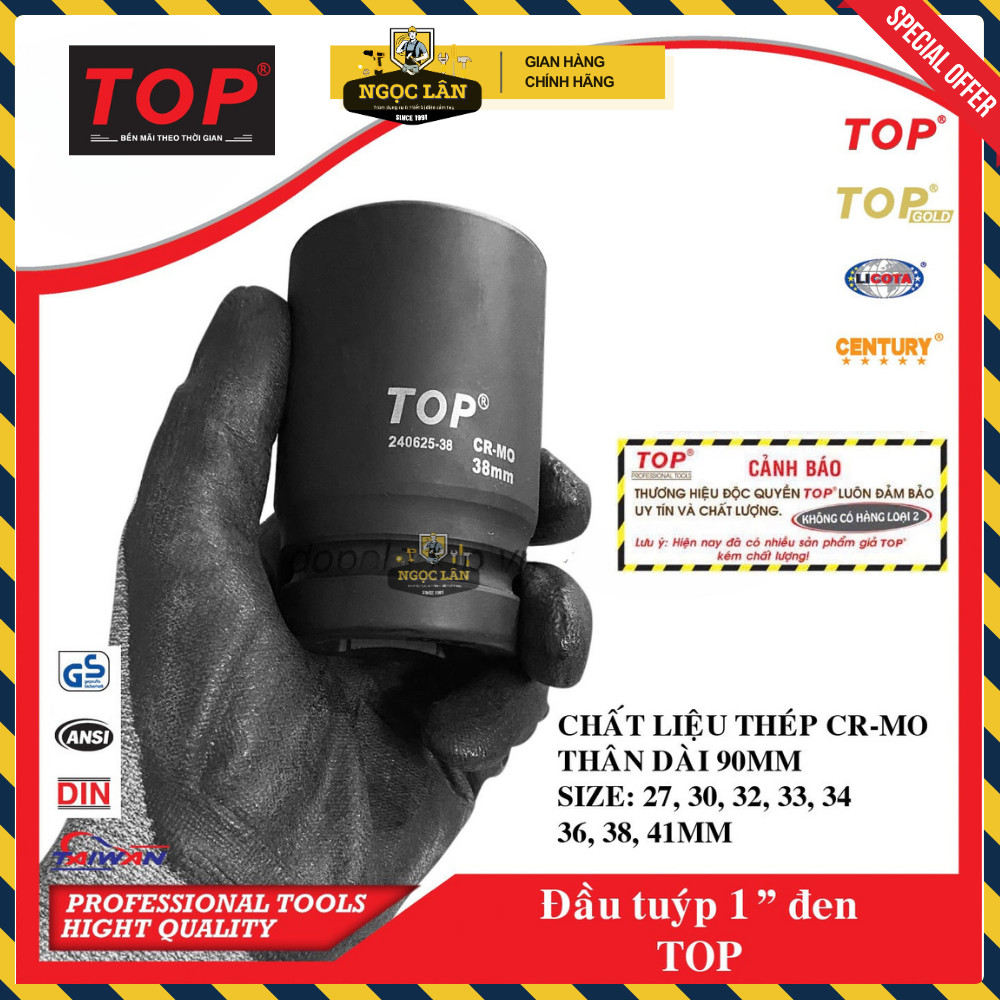 [Chính hãng TOP] Đầu tuýp, đầu khẩu TOP 1 inch đen 27mm, 30mm, 32mm, 33mm, 34mm, 36mm, 38mm, 41mm