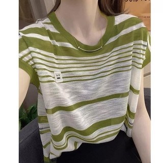 Mùa Hè Phong Cách Mới Màu Sắc Tương Phản Cổ Tròn Băng Lụa Sọc Áo Thun Nữ Thời Trang Phù Hợp Với