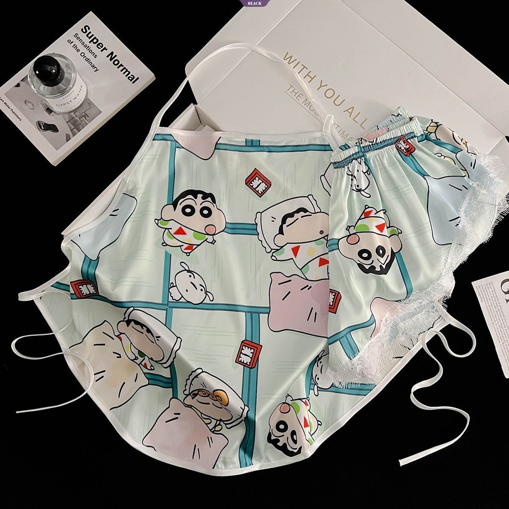 Napping Crayon Shin-chan Ice Silk Belly Pocket Pyjama Set Quần Short Ren Mùa Hè Mới Ngọt Ngào Gợi Cảm Thắt Lưng Homewear [BL]