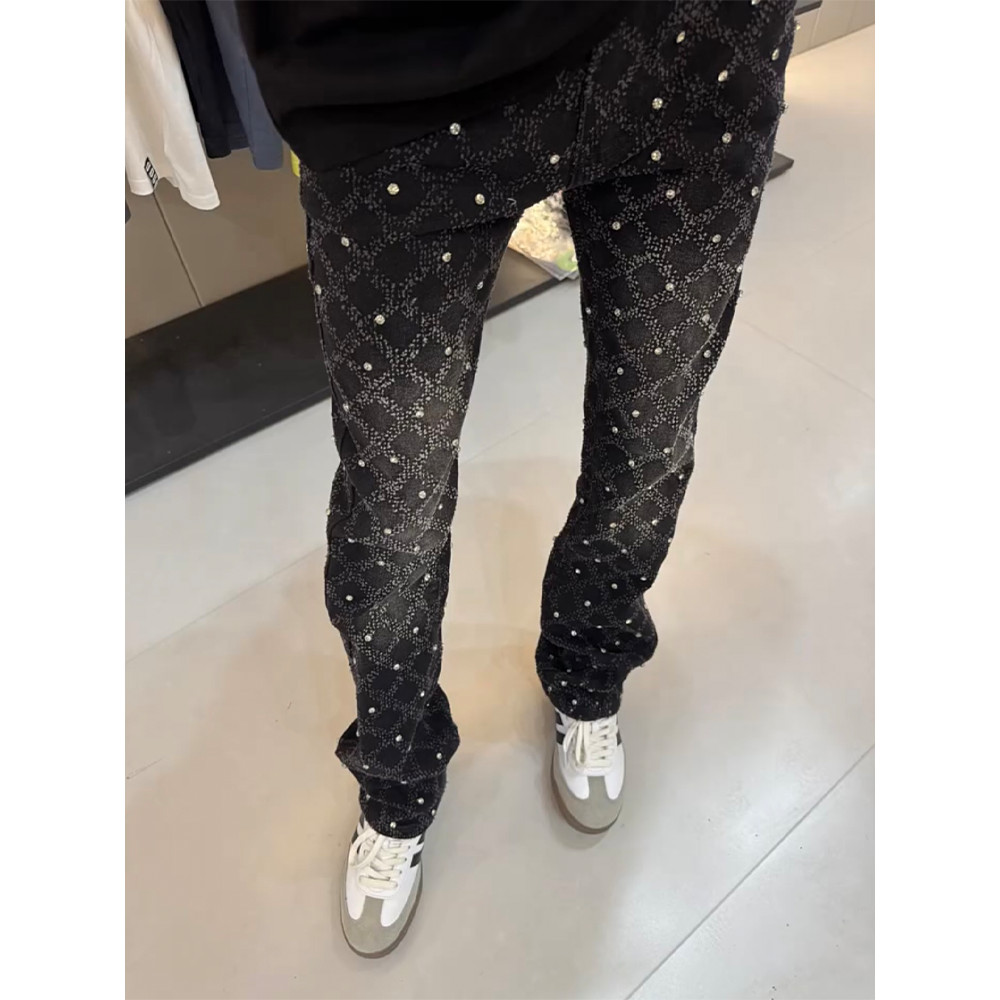 Quần jean nam bootcut cá tính kim cương đinh rách, quần thường ngày