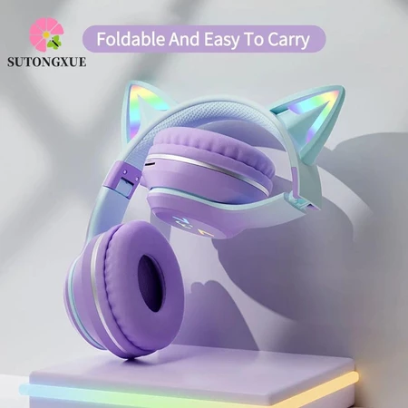 Tai nghe Bluetooth tai mèo SUTONGXUE, Tai nghe không dây chuyển màu tai mèo ABS, Tai nghe âm thanh nổi HiFi không dây qua tai Tai nghe nhét tai tai tai mèo Tai nghe điện thoại PC