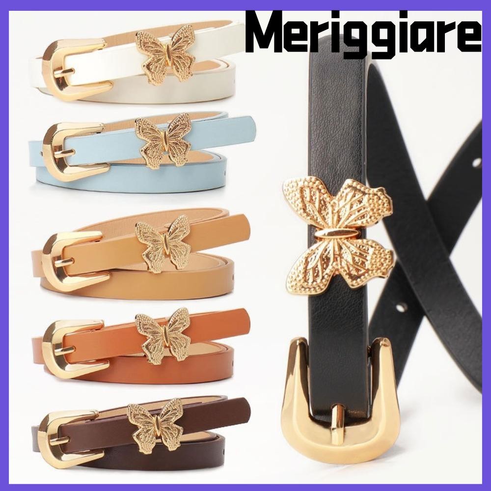 Thắt lưng da nữ MERIGGIARE, Thắt lưng thiết kế giả da mềm thiết kế hình con bướm, Thắt lưng khóa vàng mỏng thông thường