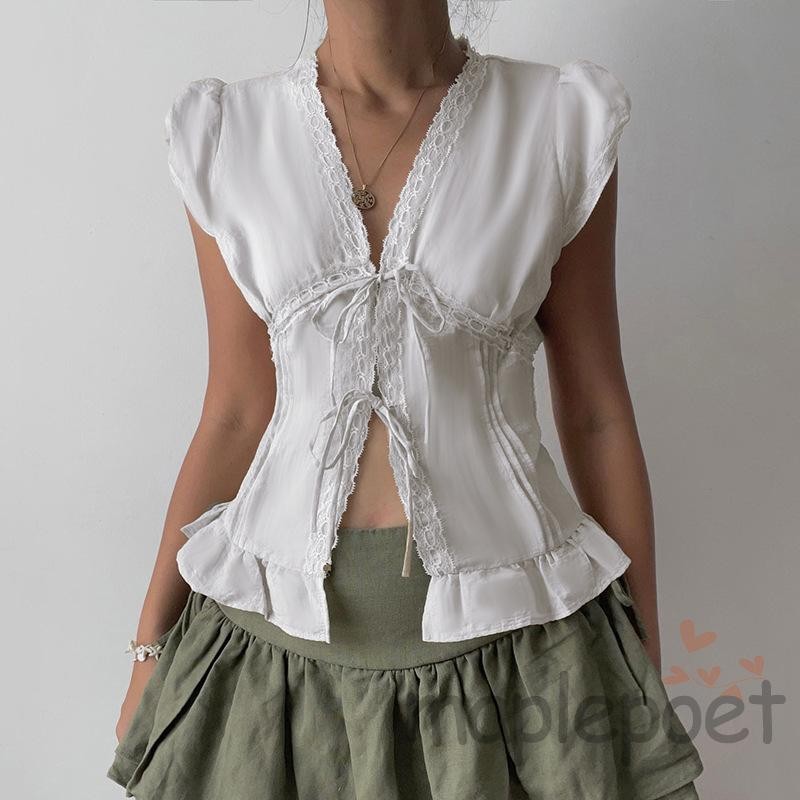 Áo thun nữ tay ngắn dáng slim fit, ren chắp - Phù hợp mùa hè và dạo phố