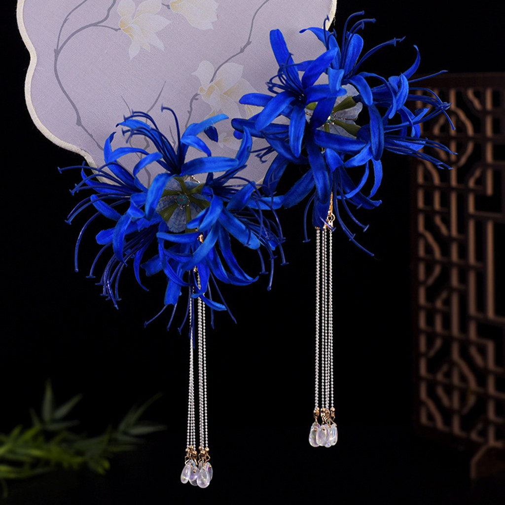 Phụ Nữ Màu Xanh Manjusaka Tóc Handmade Vintage Tua Rua Cặp Tóc Cho Phù Dâu Tiệc Cưới