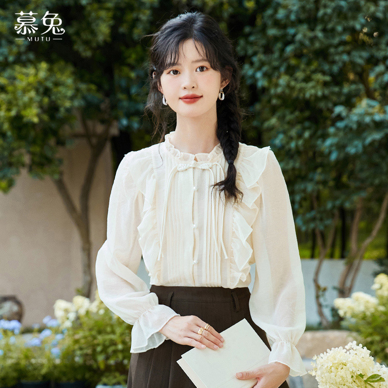 Mutu Áo Sơ Mi Voan Xù Mùa Xuân, Phong Cách Trung Hoa, Nút Cổ Thanh Lịch