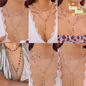 Vòng cổ Zircon pha lê sang trọng - Dây chuyền xương đòn hình chữ Y đầy màu sắc Bohemian - Trang sức tuyên bố Bohemian - Choker tua rua dài - Quà tặng trang sức cơ thể Y2K