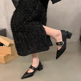 Loafers Phiên Bản Hàn Quốc Loafers Phong Cách Anh Quốc Retro Mũi Nhọn Mary Jane Giày Da Nhỏ Gót Dày Giày Nữ Mùa Xuân Thu Phong Cách Mới