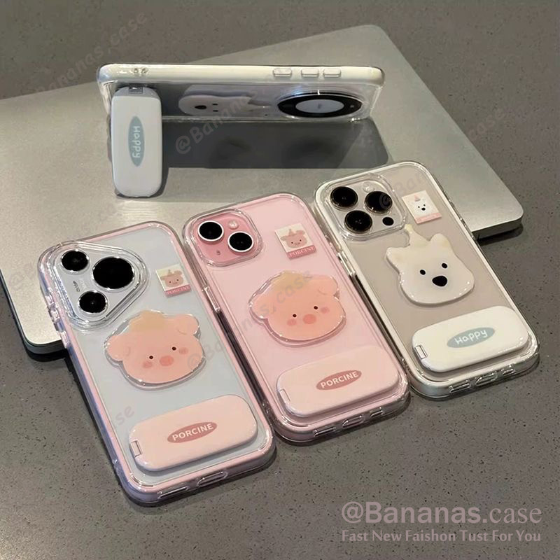 Tương thích với iPhone 17 16 15 14 13 12 11 Pro Max Ốp điện thoại 3D DIY Hình chú lợn hồng dễ thương + Mioor Stand Bìa mềm