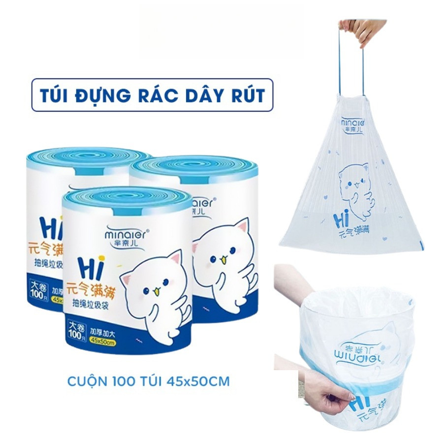 Túi Đựng Rác, Cuộn 100 Túi Có Quai Rút, Tự Huỷ Sinh Học, Kích Thước 45 x 50 cm, Siêu Dai, Chịu Nhiệt