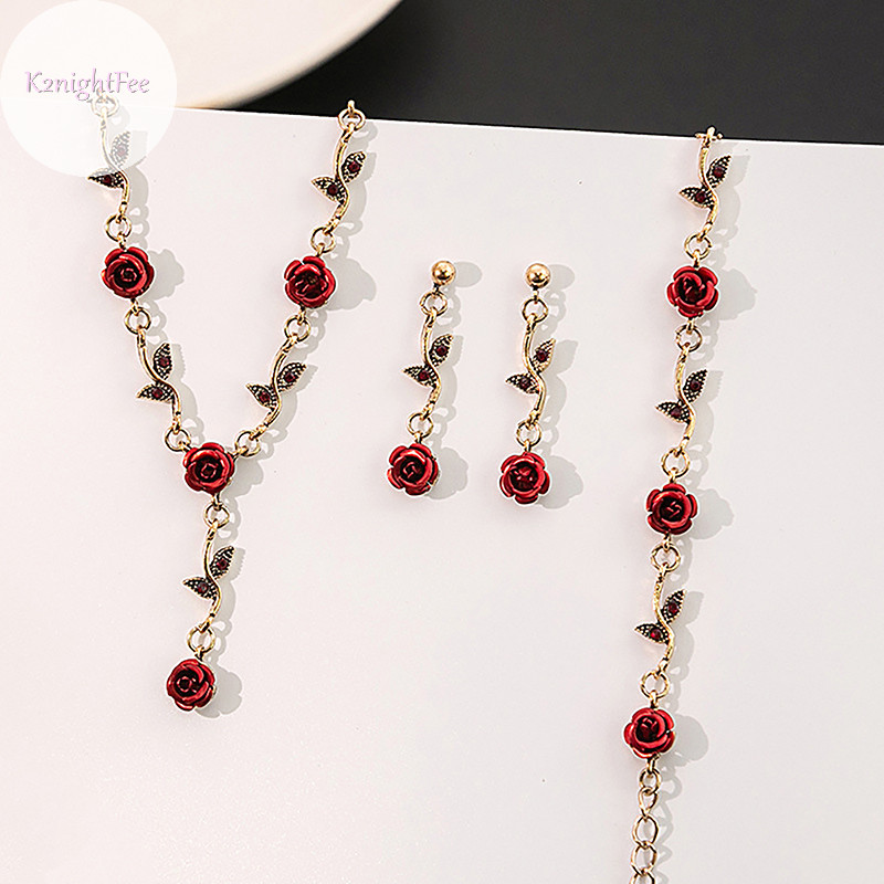 K2nightfee 1 Cái / Cặp / bộ Vintage Pháp Hoa Hồng Vòng Cổ Vòng Tay Bông Tai Bộ Dành Cho Nữ Thời Trang Lãng Mạn Đính Hôn Phụ Kiện Trang Sức VN