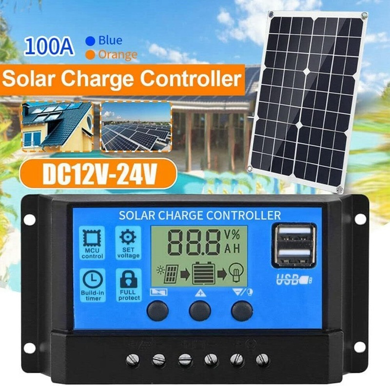 Bộ điều khiển sạc năng lượng mặt trời 100A Pin năng lượng mặt trời Bộ điều chỉnh thông minh Bộ điều khiển đa chức năng năng năng lượng mặt trời với cổng USB kép, Bộ điều khiển LCD