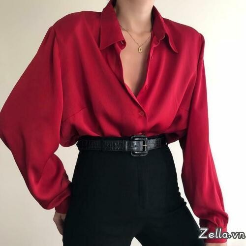 Áo Sơ Mi Nữ Màu Trơn Nút Xuống Áo Sơ Mi Tay Dài