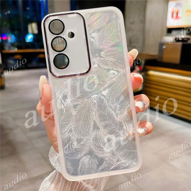 Ốp Điện Thoại Lấp Lánh Lông Vũ Laser Cho Samsung Galaxy M55 M35 M15 5G 4G 2024 Với Phim Bảo Vệ Ống Kính Máy Ảnh Trong Suốt Lông Vũ Vỏ Điện Thoại Cho SamsungM55 5G