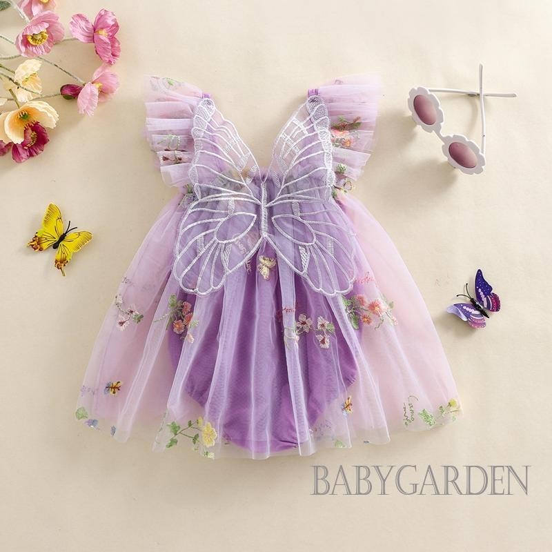 Baga- [Váy liền quần bé gái 1-18 tháng tuổi] -Bộ áo liền quần cổ vuông thêu hoa bướm không tay cổ vuông đáng yêu cho trẻ sơ sinh