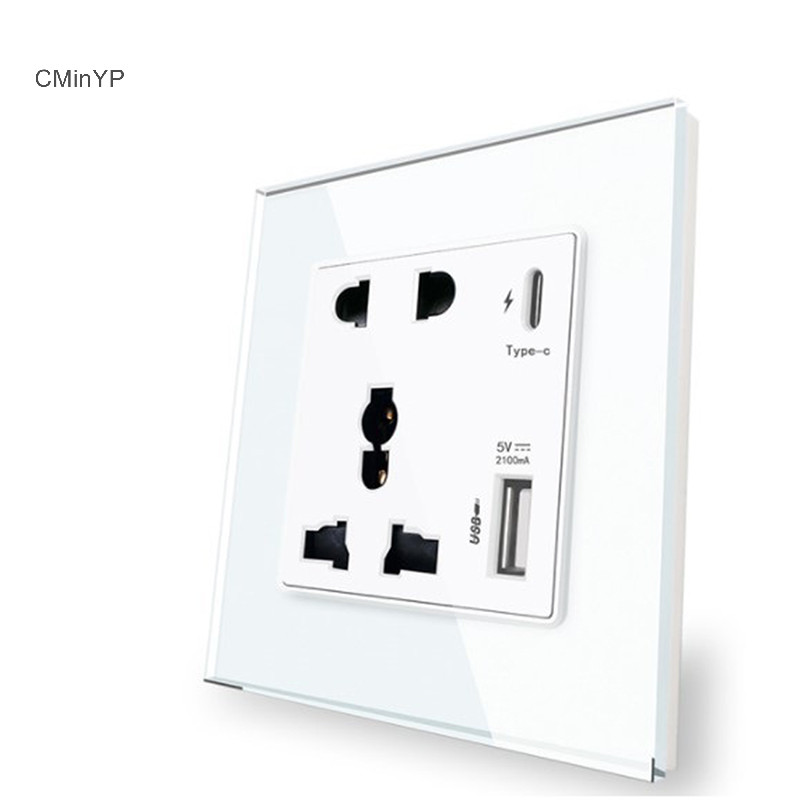 Cminyp Power 2100MA Ổ cắm USB Bảng điều khiển thủy tinh pha lê 13A UK Wall Type C Ổ cắm giao diện Glory