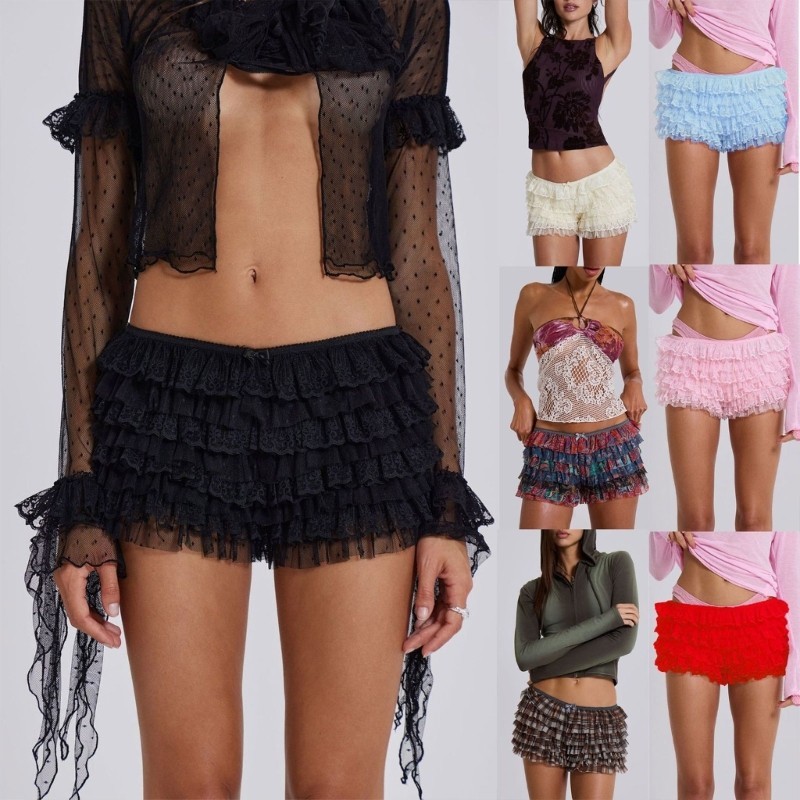 Sa Thời Trang Xếp Tầng Quần Short Ren Cho Nữ Nơ Ngọt Ngào Bloomers Quần Bí Ngô