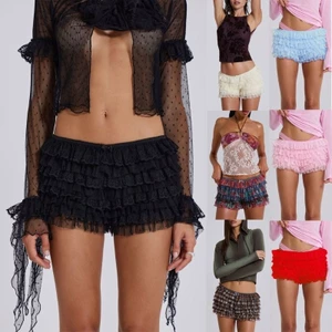 Sa Thời Trang Xếp Tầng Quần Short Ren Cho Nữ Nơ Ngọt Ngào Bloomers Quần Bí Ngô