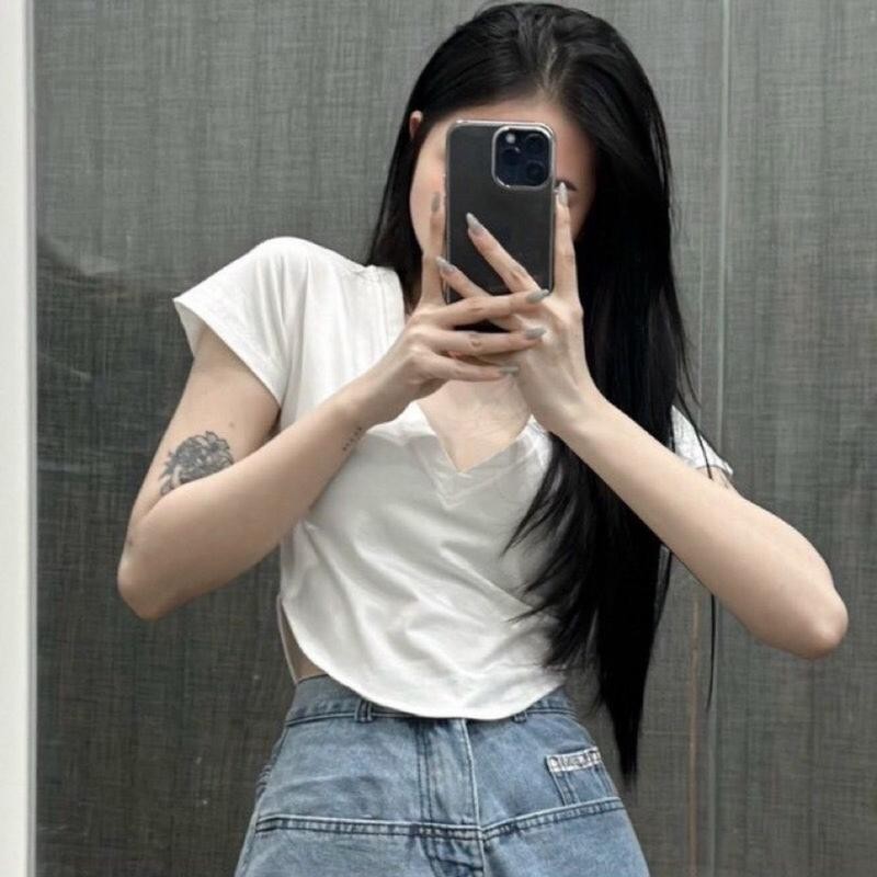 Áo croptop tay ngắn cổ V  kiểu vạt bầu xinh xắn A5804 BD store Sơ Mi Nữ