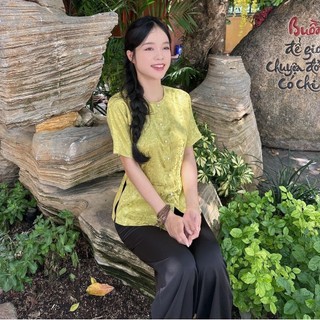 Bà ba gấm tay ngắn quần đen có túi, đồ bộ bà ba miền tây Áo