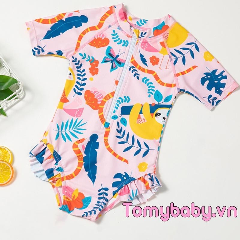 Đồ Bơi Bé Gái Nhiều Màu Sắc In Hình Hoạt Hình Xù Viền Tay Ngắn Dây Kéo Đồ Bơi