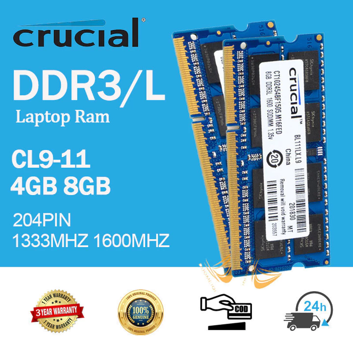 CRUCIAL 4GB 8GB RAM DDR3 DDR3L 1066MHZ 1333MHZ 1600MHZ Bộ nhớ Laptop PC3 PC3L 8500S / 10600S / 12800S 2RX8 204PIN SODIMM RAM máy tính xách tay