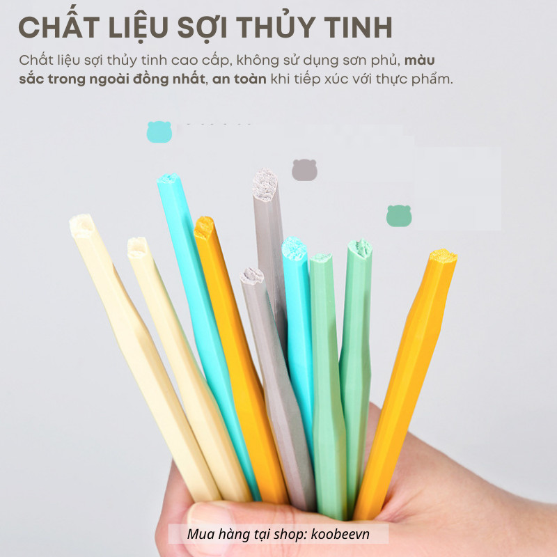 Bộ Đũa Sợi Thuỷ Tinh Đầu Nghiêng Hình Gấu 5 Màu Kháng Khuẩn Không Mốc Chống Trơn Chịu Nhiệt Cao Cấp | 142