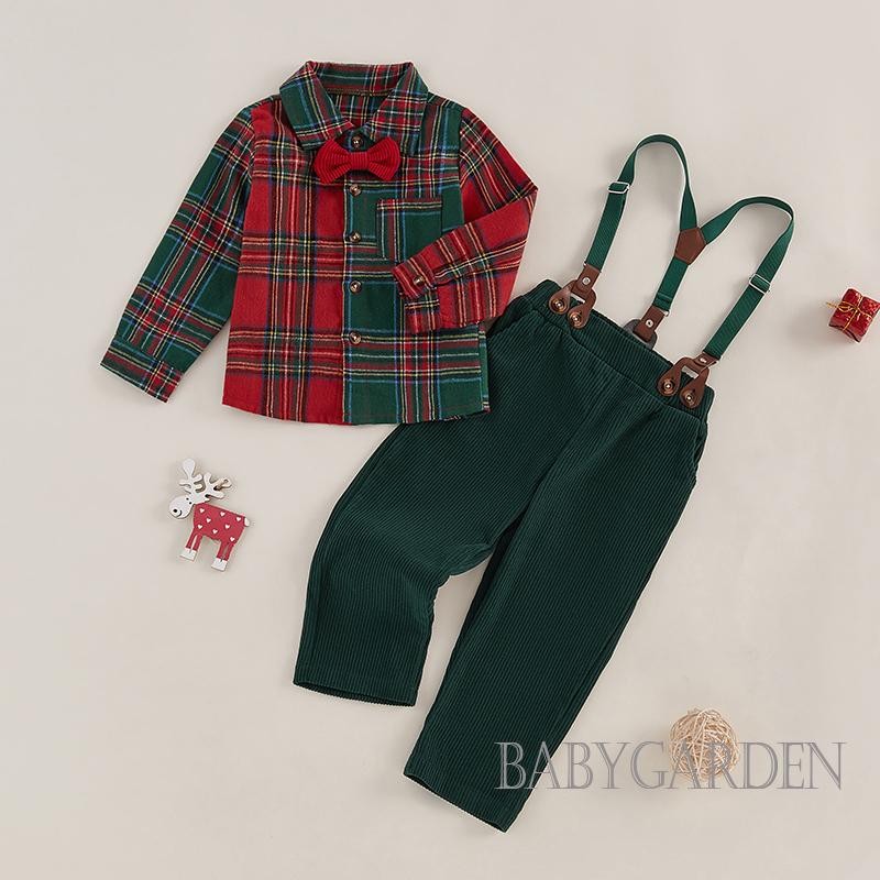 Baga-1-7 Tuổi Trẻ Em Bé Trai Quý Ông Trang Phục Giáng Sinh Kẻ Sọc In Nút Áo Sơ Mi Tay Dài Và Quần Treo Bộ Bé Cho Trang Phục Trang Trọng