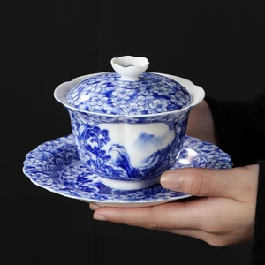 Chén Khải Tiềm Trà Họa Tiết Sơn Thủy Hữu Tình Mai Hoa 190 ml (Sứ Trắng Men Xanh Thanh Hoa)
