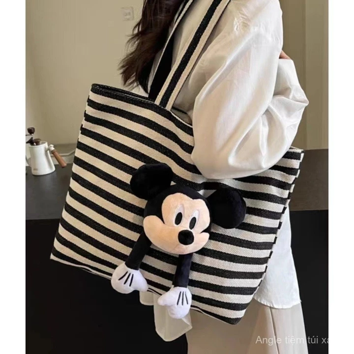 Túi Tote sọc dung tích lớn Túi 2024 nữ túi Tote Mickey hoạt hình dễ thương thời trang mẫu mới Túi Vải Bố đựng sách/Túi tote sọc lớn cho phụ nữ, phiên bản mới nă – 2
