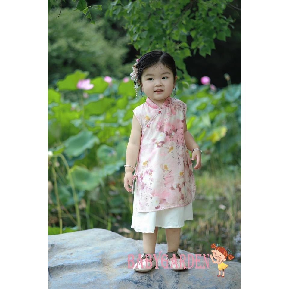 Baga-kids Cô Gái Qipao Đầm Phong Cách Trung Hoa In Tre Thắt Nơ Giả Cổ Không Tay Mùa Hè Xe Tăng Đầm