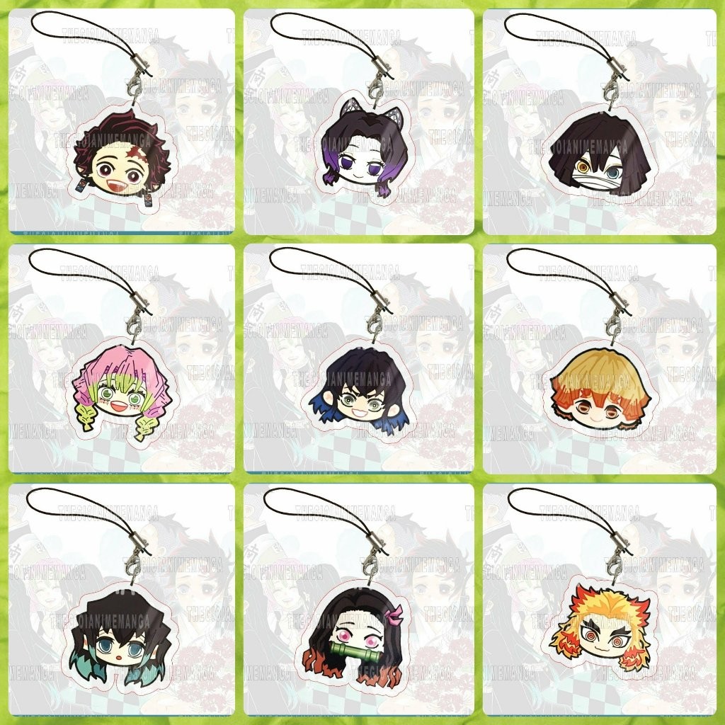 Móc dây treo điện thoại KIMETSU NO YAIBA ver mặt cười in hình Thanh Gươm Diệt Quỷ chibi mica acrylic móc khóa anime