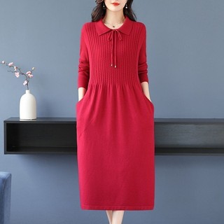 Búp Bê Cổ Áo Len Đầm Nữ Thu Đông Đầm Phong Cách Mới Kích Thước Lớn Dày Dài Túi Dệt Kim Đáy Ấm Trượt Tuyết