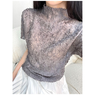 Miyake Xếp Ly Top Nữ Tính Khí Mùa Hè Cổ Đứng Lên Áo Thun Tay Ngắn Ôm Hơn Nhìn