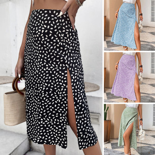 Caultty Mùa Hè Giữa Tầng Chữ A Midi Đầm Nữ Chấm In Bên Chia Viền Chiều Dài Giữa Viền Hông Bọc Váy Quần Áo Hàng Ngày
