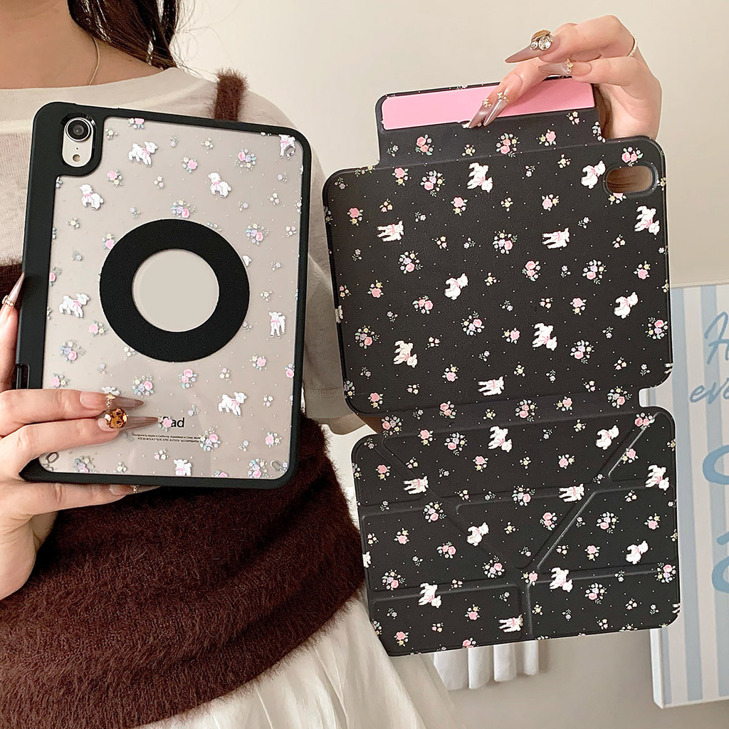 Vỏ Có Thể Tháo Rời Cho Mini6 Mini7 A17Pro iPad 5 6 7 8 9 10th 11th A16 Air4 Air5 Air6 Pro11 Pro12,9 2018 Air M2 Pro M4 11 13 2024 Vỏ Da Họa Tiết Hoa Đen Khe Cắm Bút Chì