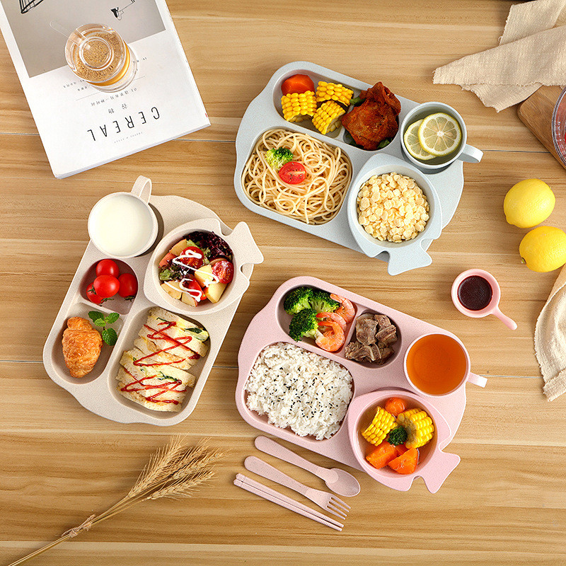 Rơm Lúa Mì Trẻ Em Bộ Đĩa Ăn Mẫu Giáo Đĩa Ăn Hộ Gia Đình Bé Chống Sốc Bộ Đồ Ăn Ngăn Đĩa Cơm