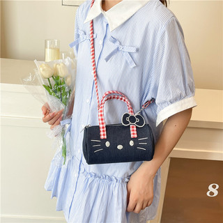 2026 Sweet Hello Kitty Thời Trang Denim Kẻ Sọc Dây Kéo Túi Đeo Vai Đơn