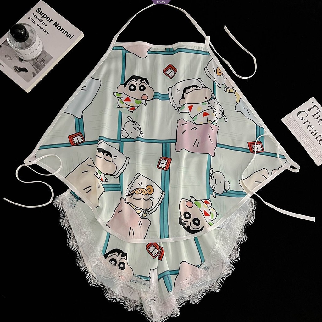 Napping Crayon Shin-chan Ice Silk Belly Pocket Pyjama Set Quần Short Ren Mùa Hè Mới Ngọt Ngào Gợi Cảm Thắt Lưng Homewear [BL]