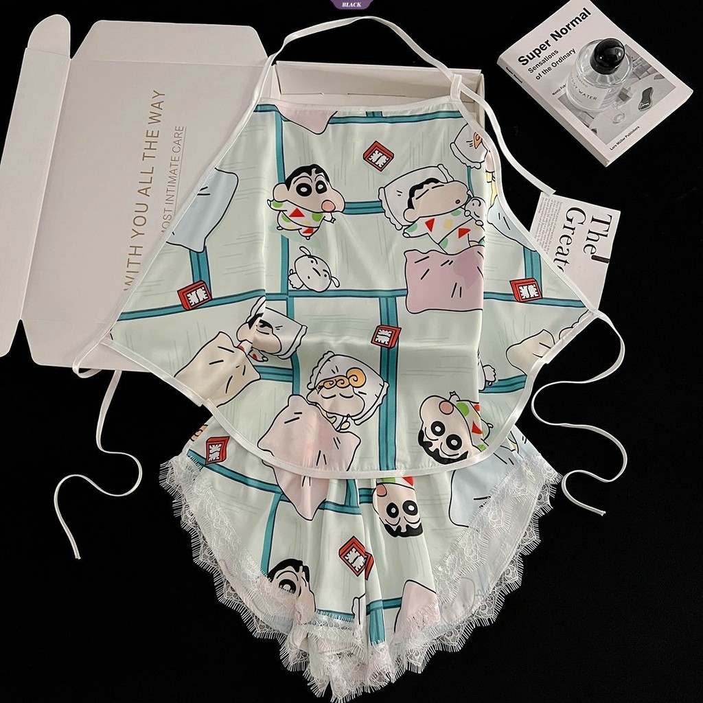 Napping Crayon Shin-chan Ice Silk Belly Pocket Pyjama Set Quần Short Ren Mùa Hè Mới Ngọt Ngào Gợi Cảm Thắt Lưng Homewear [BL]