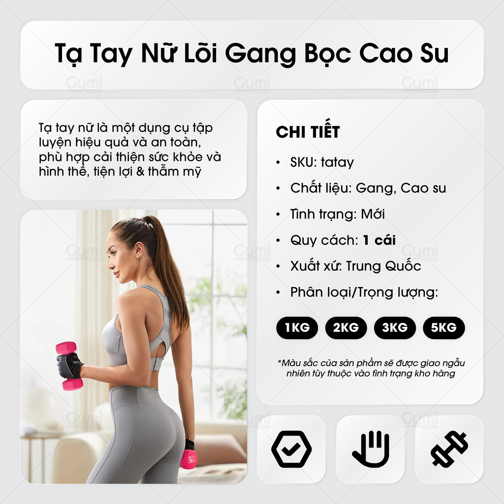 [1 Cái] Tạ Tay Nữ Bọc Cao Su Chống Trượt - Tạ Gang Tập Gym Yoga 1kg, 2kg, 3kg, 5kg - GYMI- DỤNG CỤ TẬP GYM - TaTay