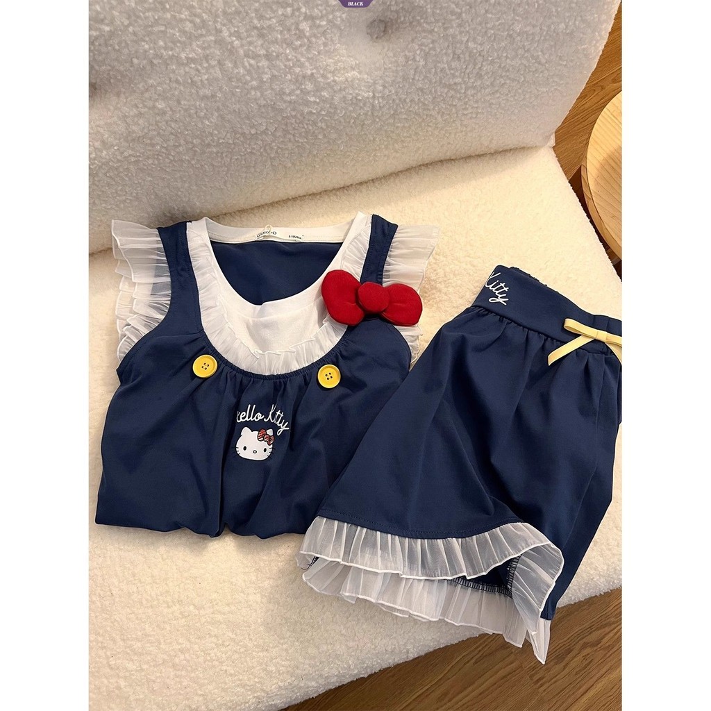 Pure Desire Wind Dễ Thương HelloKitty Nhỏ Tay Bay Bộ Đồ Ngủ Nữ Mùa Hè Áo Vest Quần Short Homewear Suit [BL]