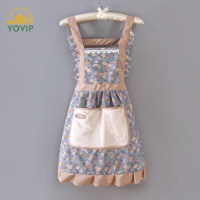 YOVIP Hoa Túi Lớn Vải Cotton Tạp Dề Nhà Bếp Dây Đeo Tay Có Thể Lau Được VN