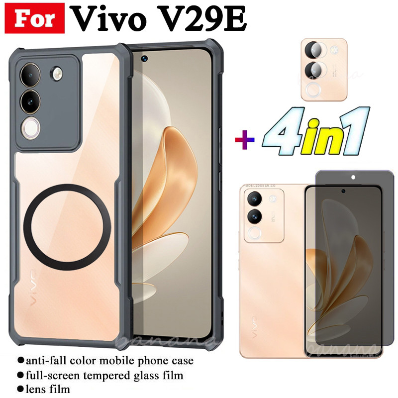 Ốp điện thoại chống sốc 4 trong 1 Vivo V29E có nhãn dán sạc không dây từ tính cho Vivo V27E V25E V23E V40 Lite V50 Lite Kính cường lực bảo mật chống gián điệp + Phim ống kính