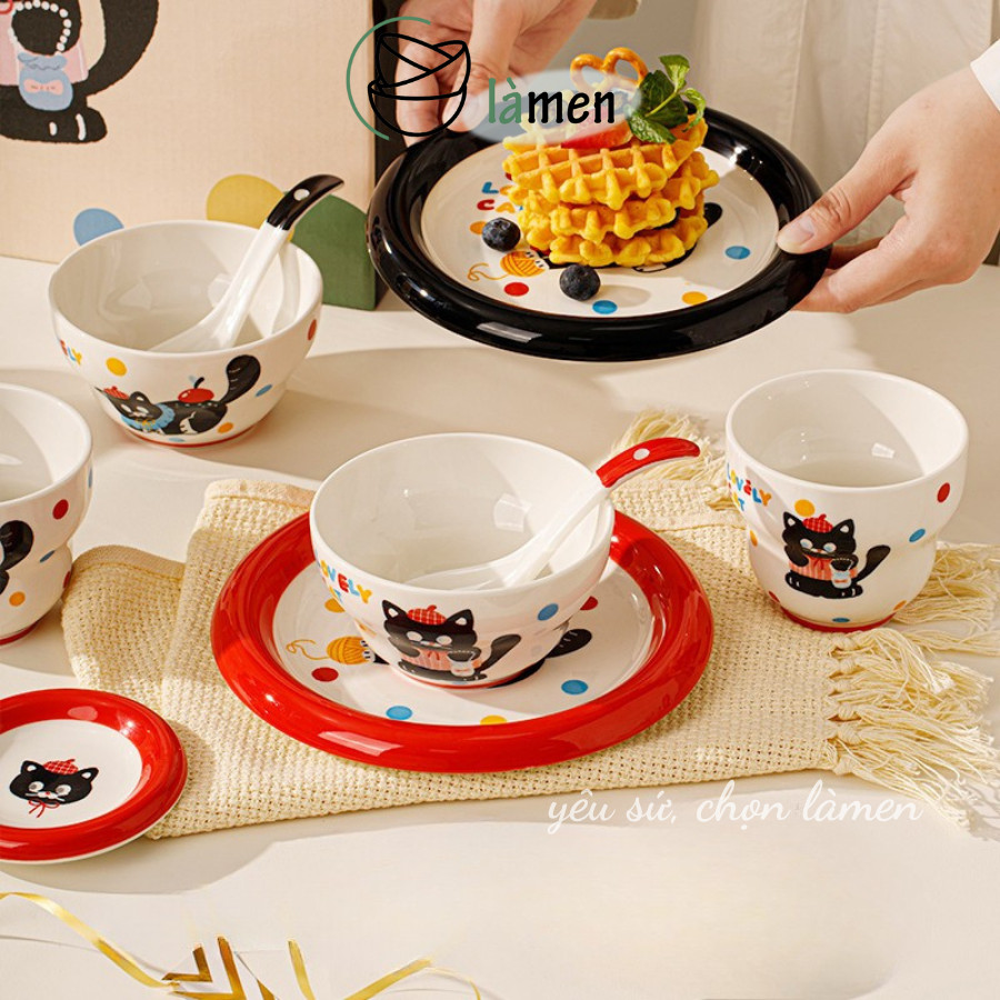 Bát Đĩa Sứ Cao Cấp Hình Mèo Đen Cute, Bát Cơm, Đĩa, Tô Đa Dạng Kích Thước SET019