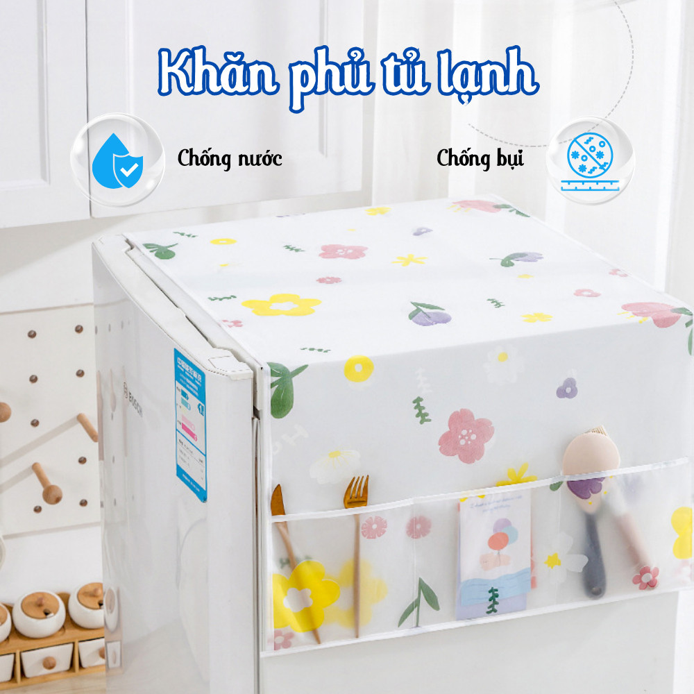 Khăn Phủ Tủ Lạnh PEVA Chống Thấm, Chống Bụi, Tấm Phủ Có Ngăn Đựng Tiện Lợi Trang Trí Nhà Bếp Dinohome