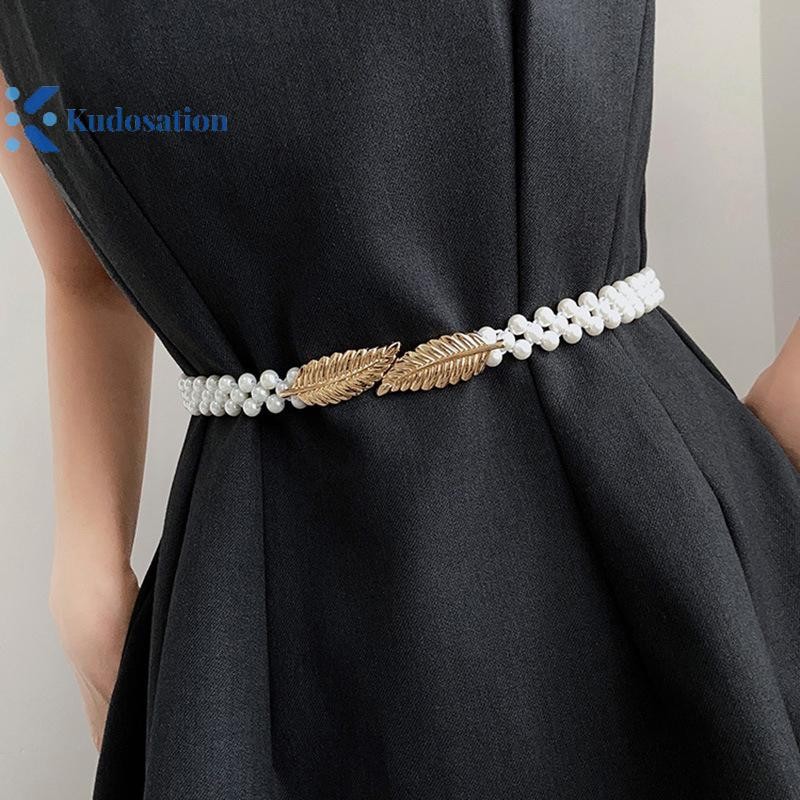 Kudosation Nữ Ngọc Trai Dây Thắt Lưng Ngọc Trai Kẻ Sọc Thắt Lưng Trang Trí Thắt Lưng Mỏng Đính Hạt Thắt Lưng Co Giãn
