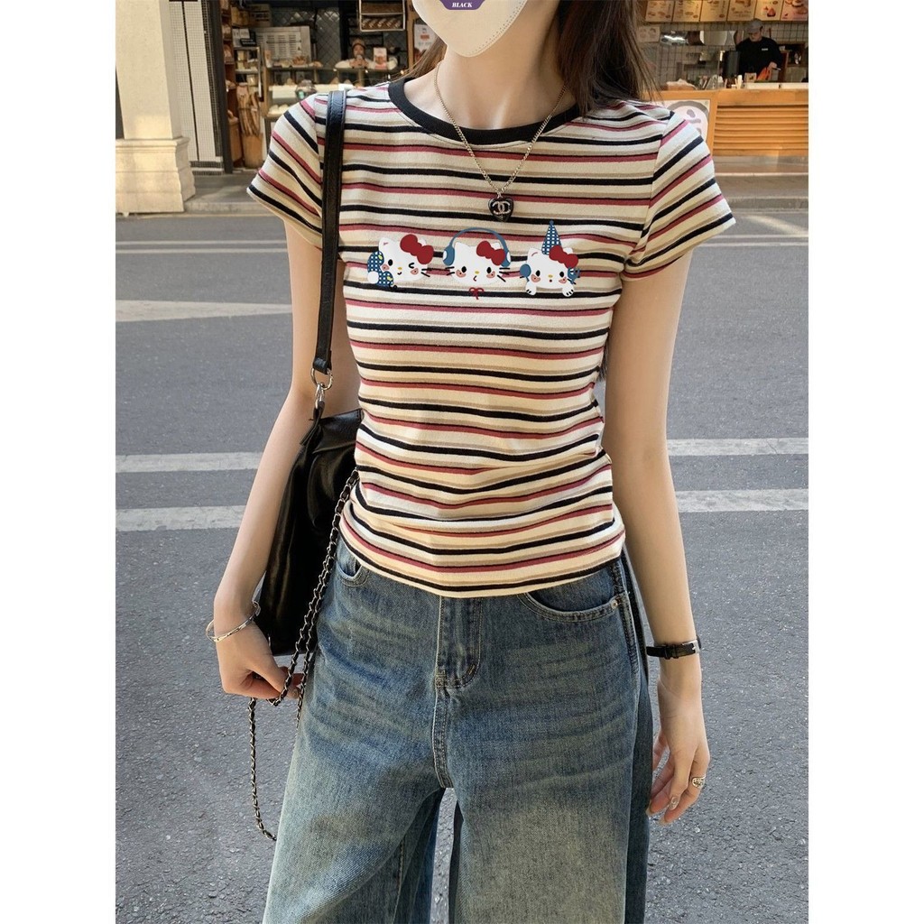 Áo thun ngắn tay Hello Kitty họa tiết sọc, kiểu Mỹ, phù hợp mùa hè