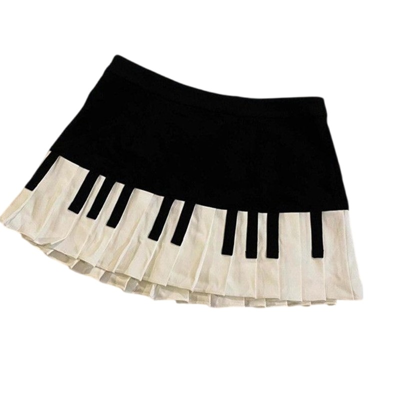 Women's  Waist Pleated Vintage Aesthetic Piano Key Print A Line Mini Skirt